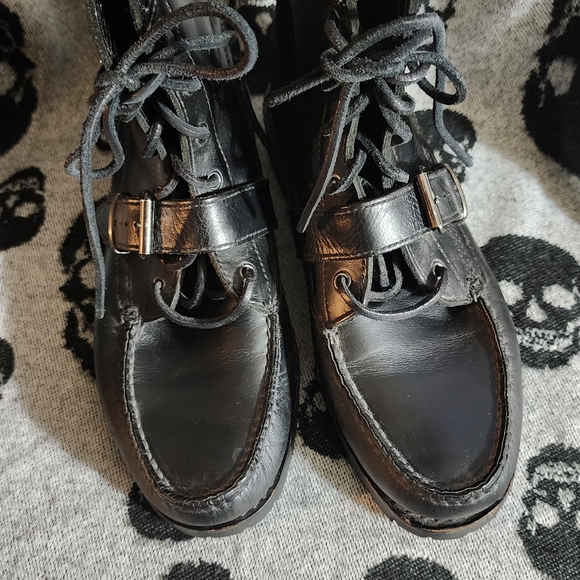 POLO RALPH LAUREN BUCKLE LUG LEATHER BOOT MEN 8.5 WOMEN 10.5 BLACK - Picture 2 of 14